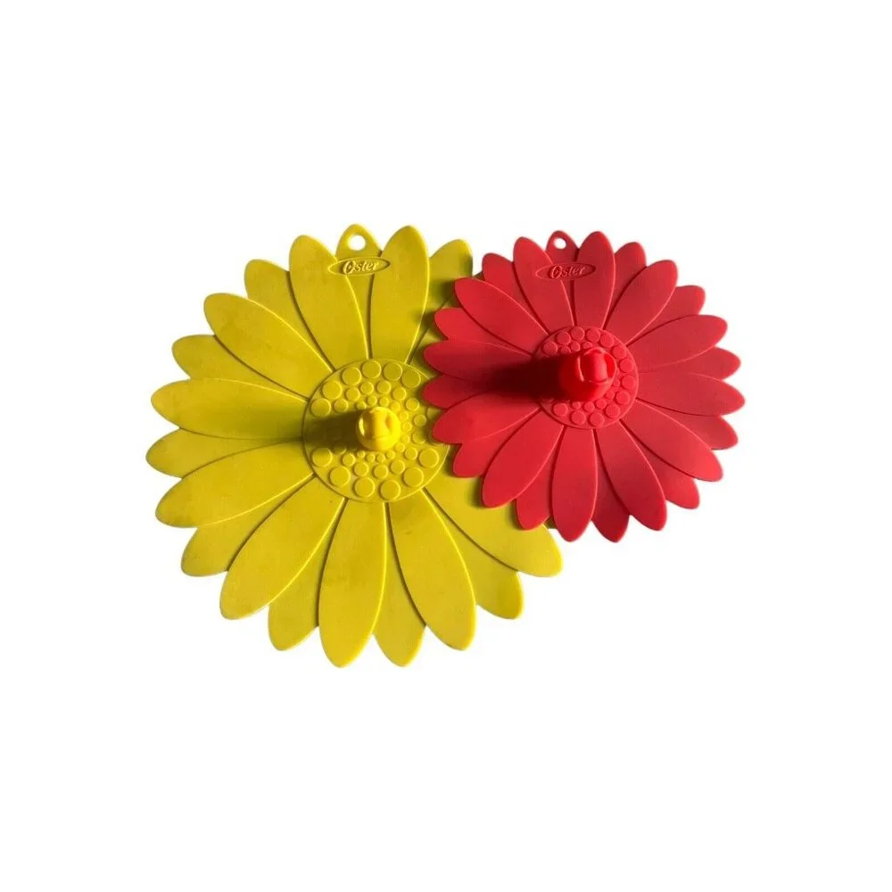 Silicone Lids Pot Covers Daisy Micro Oven Safe OSTER 11” Yellow & 8” Red Hanging